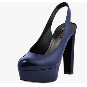 Navy Patent Platform Slingback Heels